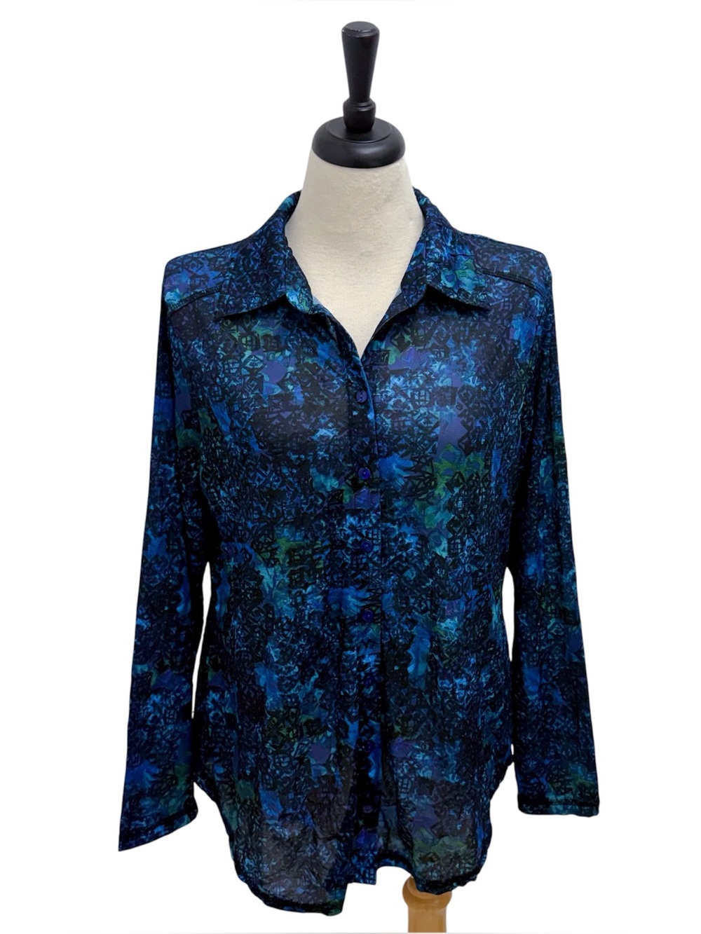 Sno Skins Blue Green Black Crinkled Mesh Button Up Collared Long Sleeve Shirt L